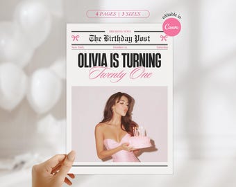 newspaper birthday invite pink editable invitation 18th birthday newspaper printable 16th 18th 21st 30th birthday party for girls canva