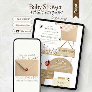 May include: A digital baby shower website template displayed on a tablet and smartphone. The design features a beige envelope with a ladybug, floral accents, and the text "Baby Shower website template Love bug". Additional text includes "Built-in RSVP" and "Video tutorial".