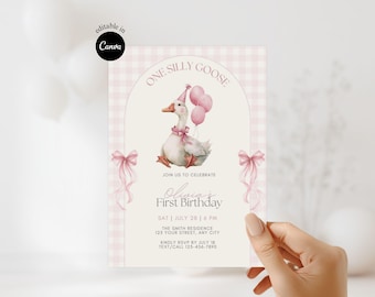 Editable Girl 1st Birthday Pink Printable Invite One Silly Goose Theme Birthday Invitation Template Pink coquette Silly Goose First Birthday