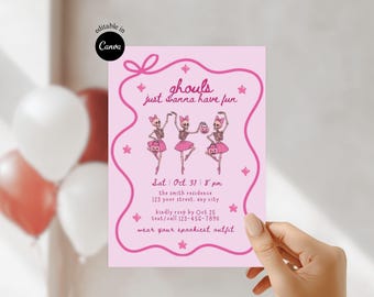 ghouls halloween invite coquette Girls night invitation Editable Pink just wanna have fun Invitation cute skeleton Halloween Party Invite