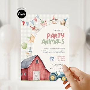 Puede incluir: Una invitación en acuarela con el texto "Calling All Party Animals". La invitación presenta ilustraciones de animales de granja con sombreros de fiesta, un granero rojo y un tractor azul. La invitación es sostenida por una mano.