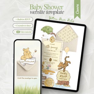 Puede incluir: Una plantilla de sitio web para baby shower con el tema de Winnie the Pooh. El diseño incluye una tableta y un teléfono que muestran maquetas de invitaciones con ilustraciones de Pooh, Tigger y una abeja. El texto incluye "Baby Shower website template" y "Yellow Bear Baby".