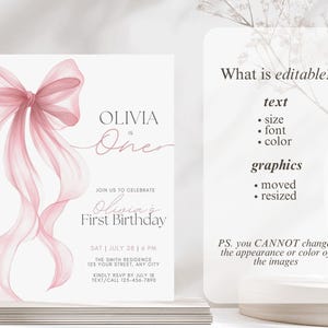 Peut inclure: Une invitation claire avec un design de ruban rose pour un premier anniversaire. Le texte indique "OLIVIA is One" et "Olivia's First Birthday". Des d&eacute;tails de l'&eacute;v&eacute;nement et des informations RSVP sont &eacute;galement inclus.
