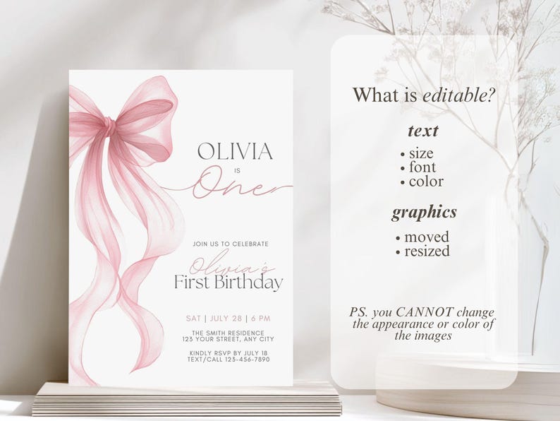 Peut inclure: Une invitation claire avec un design de ruban rose pour un premier anniversaire. Le texte indique "OLIVIA is One" et "Olivia's First Birthday". Des d&eacute;tails de l'&eacute;v&eacute;nement et des informations RSVP sont &eacute;galement inclus.