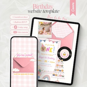 May include: A digital birthday website template displayed on a tablet and smartphone. The design features a pink and white gingham pattern, with elements like a photo, invitation, and a cake. Text includes "Fun to be One" and "You are invited!"