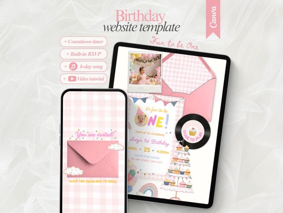 Cute Fun to be One Birthday Website with RSVP Editable Girl Birthday Invitation Template 1st Birthday Digital Invitation Pink Birthday Party