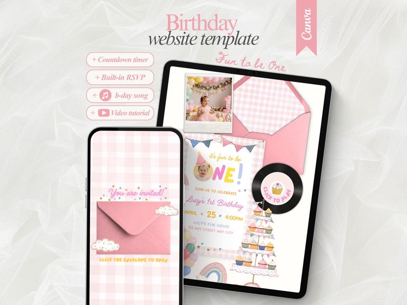 Puede incluir: Una plantilla de sitio web de cumplea&ntilde;os digital que se muestra en una tableta y un tel&eacute;fono inteligente. El dise&ntilde;o presenta un patr&oacute;n de cuadros rosa y blanco, con elementos como una foto, una invitaci&oacute;n y un pastel. El texto incluye "Fun to be One" y "You are invited!"