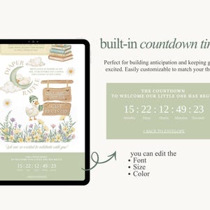 Modello di sito web per baby shower a tema oche buffe modificabile con invito digitale RSVP Baby Goose quasi in libertà Invito per baby shower a tema oche verdi immagine 5