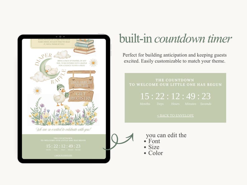 Modello di sito web per baby shower a tema oche buffe modificabile con invito digitale RSVP Baby Goose quasi in libertà Invito per baby shower a tema oche verdi immagine 5