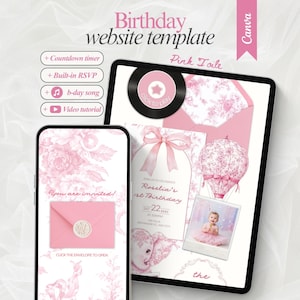 Könnte beinhalten: Eine digitale Geburtstags-Website-Vorlage mit einem rosa Toile-Muster. Das Design zeigt ein Mobiltelefon und ein Tablet mit Einladungsgrafiken, einem rosa Umschlag, einer Heißluftballon-Illustration und dem Text Birthday website template.