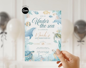 Editable Ocean Animals Birthday Party Under the Sea Birthday Invitation Pastel Sea Animals Invite Cute Blue Sea Turtle Dolphin Watercolor