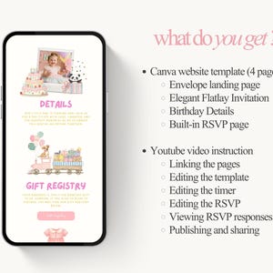 Puede incluir: Una pantalla de tel&eacute;fono inteligente muestra una plantilla de sitio web de cumplea&ntilde;os rosa y blanco. El dise&ntilde;o incluye ilustraciones de un pastel, un beb&eacute; y un tren que transporta regalos. El texto en la pantalla dice "DETAILS" y "GIFT REGISTRY."