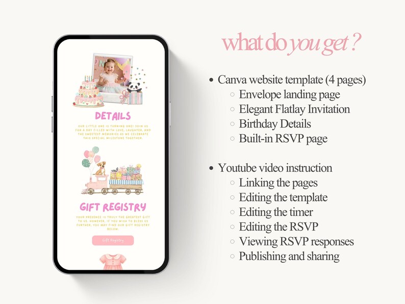 Puede incluir: Una pantalla de tel&eacute;fono inteligente muestra una plantilla de sitio web de cumplea&ntilde;os rosa y blanco. El dise&ntilde;o incluye ilustraciones de un pastel, un beb&eacute; y un tren que transporta regalos. El texto en la pantalla dice "DETAILS" y "GIFT REGISTRY."