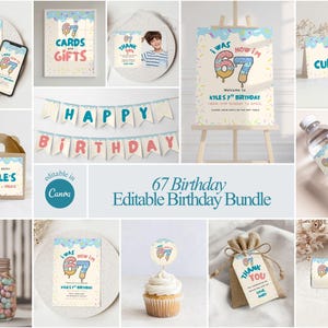 Può includere: Una collezione di decorazioni e accessori per feste di compleanno con un design a tema ciambella per il 67° compleanno. Include inviti, biglietti, decorazioni per cupcake, etichette per bottiglie d'acqua e uno striscione. I testi "Happy Birthday" e "Thank You" sono visibili.