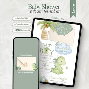 Puede incluir: Una plantilla de sitio web para baby shower que se muestra en una tableta y un teléfono inteligente. El diseño presenta un esquema de color verde y blanco con ilustraciones de dinosaurios. El texto incluye "Baby Shower website template", "hatching soon" y "Diaper Raffle".