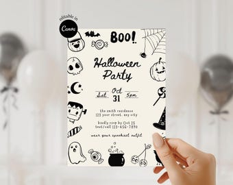May include: A Halloween Party invitation featuring black and white illustrations of spooky icons. The invitation includes the text "Halloween Party" and event details. The invitation is held by a person. The text "BOO!" is also visible.