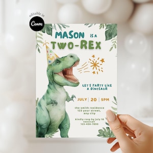 May include: A birthday invitation featuring a watercolor illustration of a green Tyrannosaurus Rex wearing a party hat. The invitation reads "MASON is a TWO-REX" and includes party details. The design incorporates botanical elements.