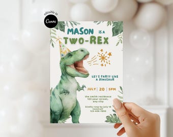 Invitation d'anniversaire deux rex, fête à thème dinosaure, invitation de garçon vert, invitation dino modifiable, permet de faire la fête comme un dinosaure, 2e anniversaire d'invitation mignon