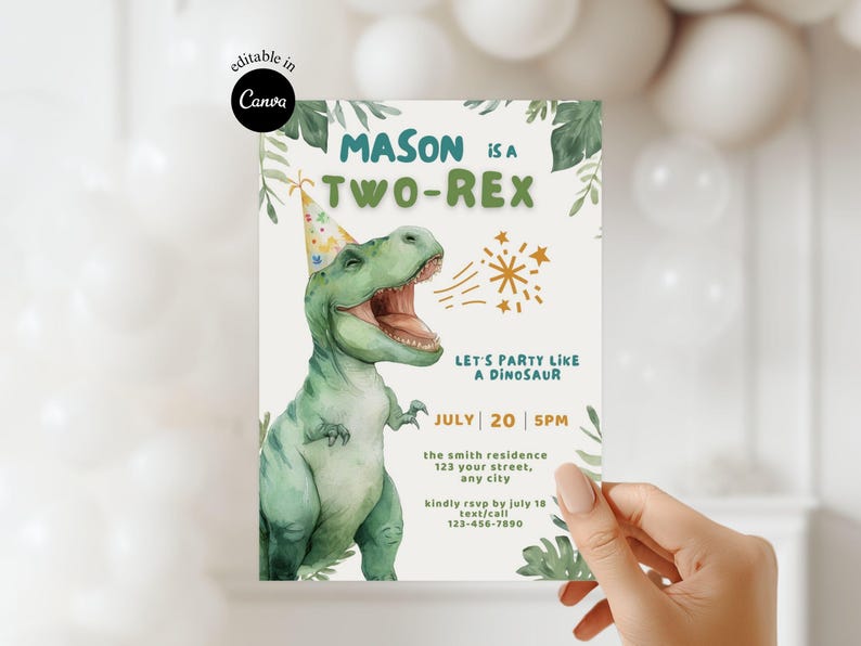 May include: A birthday invitation featuring a watercolor illustration of a green Tyrannosaurus Rex wearing a party hat. The invitation reads "MASON is a TWO-REX" and includes party details. The design incorporates botanical elements.