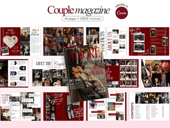 Personalized Couples Magazine Template Custom Anniversary Gift for Him and Her Aesthetic Magazine Birthday Gift Red Magazine Engagement Gift