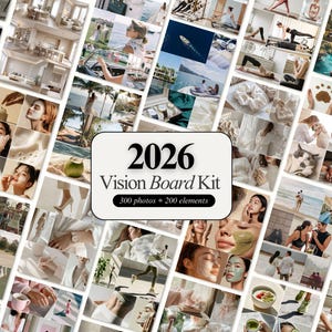 Pode incluir: Uma colagem de imagens de estilo de vida, incluindo fotos de pessoas, comida e paisagens. A imagem central apresenta o texto "2026 Vision Board Kit" com "300 fotos + 200 elementos" abaixo. As imagens estão em uma paleta de cores neutras.