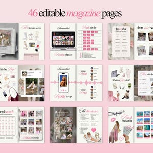 May include: A digital magazine template with 46 editable pages. The pages feature various layouts, including skincare secrets, favorite shows, a track tier list, a Spotify wrap, a travel bucket list, and a word search, all in a pink and white color scheme.