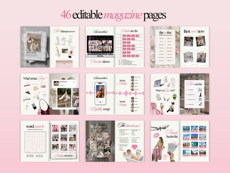 May include: A digital magazine template with 46 editable pages. The pages feature various layouts, including skincare secrets, favorite shows, a track tier list, a Spotify wrap, a travel bucket list, and a word search, all in a pink and white color scheme.