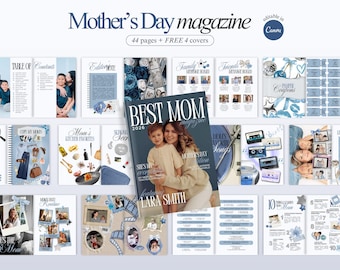 Blue Magazine Anpassad födelsedagspresent till mamma Lättredigerbar Canva-mall för mors dag-tidning Estetisk tidningspresent till mors dag