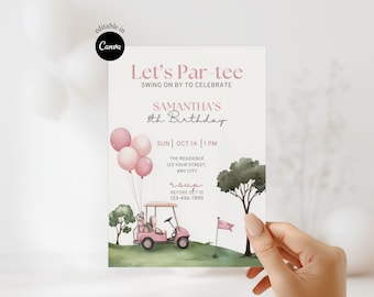 Invitación editable para fiesta temática de golf rosa, invitación de cumpleaños de golf, invitación de cumpleaños de golf, invitación de cumpleaños de golf "Let's Par Tee", invitaciones para fiesta de cumpleaños de swing