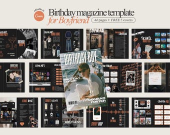 Plantilla de revista de cumpleaños estética para él. Revista fácil de editar con portadas de revista de cumpleaños personalizables gratis. Regalo DIY para novio.