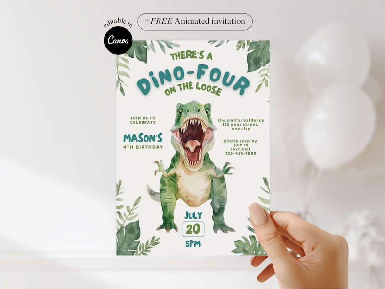 May include: A birthday invitation featuring a watercolor illustration of a green dinosaur with an open mouth. The invitation includes the text "There's a Dino-Four on the Loose" and details for Mason's 4th birthday, July 20th.
