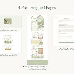 Pu&ograve; includere: Un'immagine che mostra quattro pagine pre-progettate con una morbida tavolozza di colori pastello. Le pagine includono una pagina di destinazione della busta, un registro baby shower, un elegante invito flatlay e una pagina RSVP integrata. Il testo recita "4 Pre-Designed Pages".