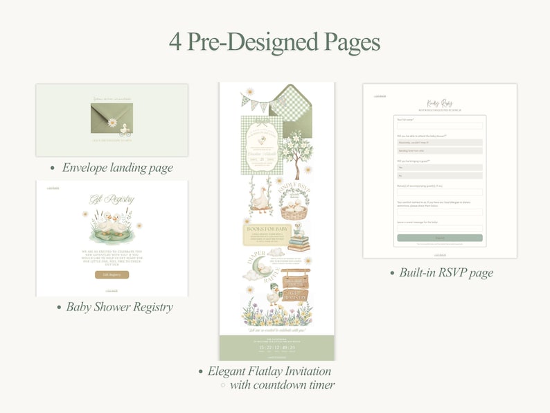 Pu&ograve; includere: Un'immagine che mostra quattro pagine pre-progettate con una morbida tavolozza di colori pastello. Le pagine includono una pagina di destinazione della busta, un registro baby shower, un elegante invito flatlay e una pagina RSVP integrata. Il testo recita "4 Pre-Designed Pages".