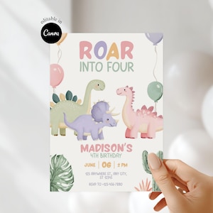 May include: A pastel-colored birthday invitation with the text "ROAR INTO FOUR". The design features three cartoon dinosaurs, balloons, and the text "MADISON'S 4TH BIRTHDAY".