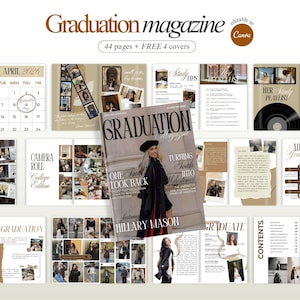 Pode incluir: Layout de revista de formatura com uma combinação de cores bege e marrom. A capa apresenta uma mulher com uma beca de formatura. A revista inclui seções sobre dicas de estudo, conselhos e uma edição universitária.