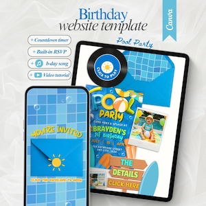 Puede incluir: Una plantilla de sitio web de cumpleaños para una fiesta en la piscina mostrada en un teléfono inteligente y una tableta. El diseño presenta fondos de azulejos de piscina azules, un icono de sol amarillo y texto que incluye "Pool Party".