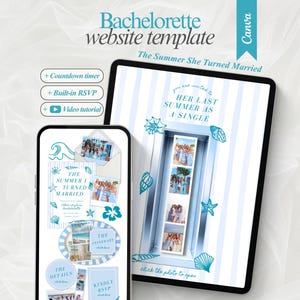 Puede incluir: Una plantilla de sitio web para despedida de soltera mostrada en una pantalla de smartphone y tablet. El diseño presenta rayas azul claro, ilustraciones de conchas marinas y texto que incluye Bachelorette website template y RSVP.