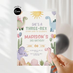 May include: A pastel-colored birthday invitation with dinosaur illustrations. The text reads "She's a Three-Rex" and "Madison's 3rd Birthday". Includes details for the party date, time, and RSVP information. The design is editable in Canva.