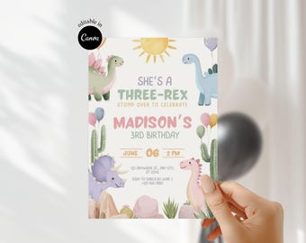 May include: A pastel-colored birthday invitation with dinosaur illustrations. The text reads "She's a Three-Rex" and "Madison's 3rd Birthday". Includes details for the party date, time, and RSVP information. The design is editable in Canva.