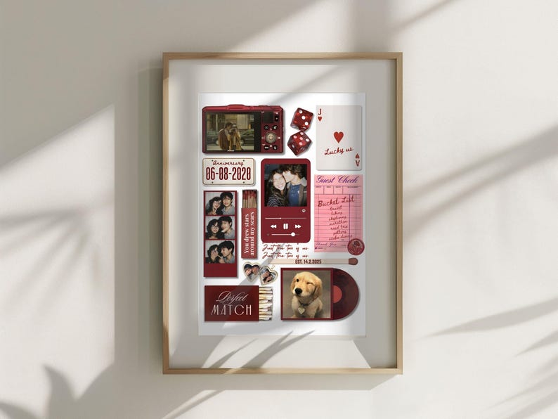 May include: A framed collage featuring various red-toned elements. Includes a small camera, dice, playing cards, photos, and a vinyl record with a puppy image. The date "06-08-2020" is displayed. The words "Perfect Match" are visible.