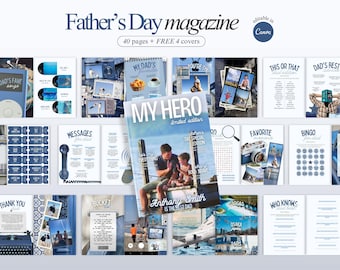 Plantilla de revista azul para regalo del Día del Padre. Revista de cumpleaños editable. Regalo para papá. Regalo de cumpleaños personalizado para el mejor papá. Revista imprimible.