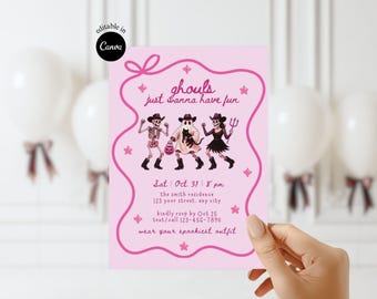 Editable Ghouls just wanna have fun Pink Halloween Girl's night out invitation Spooky Halloween Invitation DIY Girls Halloween Party Invite
