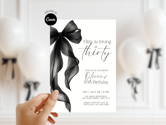 Flirty 30 invite black bow invitation black coquette party adult party invite watercolor black bow party thirty invitation animated bow