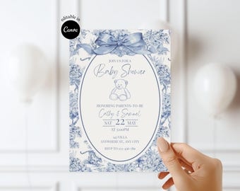 Blue Toile de Jouy Baby shower Invitation DIY Teddy bear Invite editable Safari baby shower party Dusty Blue safari animal baby shower party