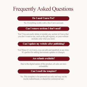 Pu&ograve; includere: Grafica color crema con il titolo "Frequently Asked Questions" in bordeaux. La grafica pone domande su Canva Pro, la rimozione di sezioni, gli aggiornamenti del sito web, i rimborsi e la rivendita di modelli, con risposte.