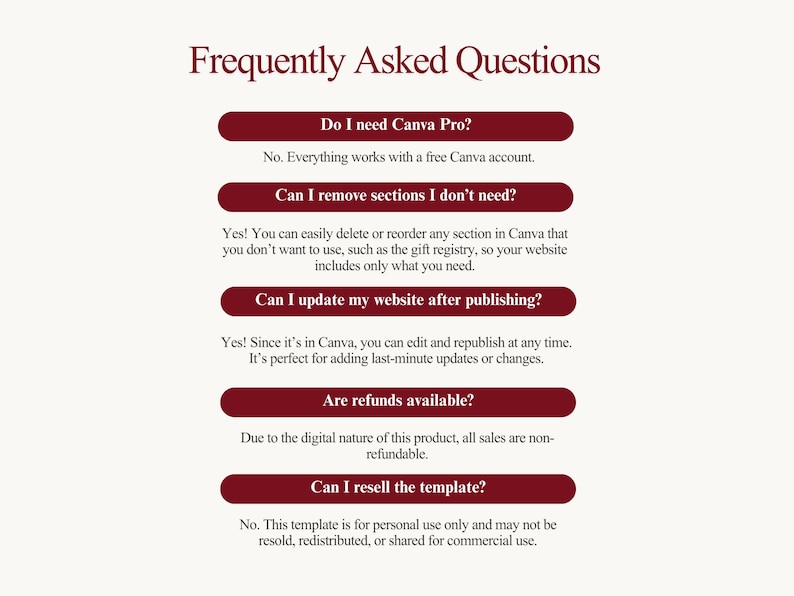 Pu&ograve; includere: Grafica color crema con il titolo "Frequently Asked Questions" in bordeaux. La grafica pone domande su Canva Pro, la rimozione di sezioni, gli aggiornamenti del sito web, i rimborsi e la rivendita di modelli, con risposte.