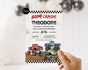 Editable Monster Truck Birthday Invitation Canva Template Printable Monster Truck Bash Party Invitation Red Monster Truck boy birthday party