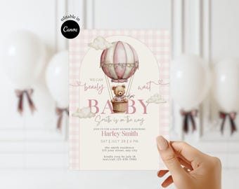 Pink Pastel Baby Girl Bear Shower Invite Brown Bear Hot Air Balloon Baby Shower Invitation Baby on the way Editable We Can Bearly Wait Party