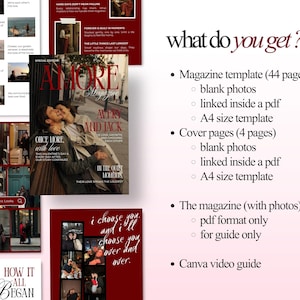 Puede incluir: Un conjunto de plantillas digitales con una portada de revista con una pareja y p&aacute;ginas adicionales con fotos y texto. El dise&ntilde;o incluye el texto "AMORE" y "AVERY AND JACK". El conjunto incluye una plantilla de revista, p&aacute;ginas de portada y una gu&iacute;a de v&iacute;deo de Canva.