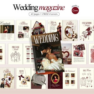 May include: A wedding magazine with a burgundy and cream color scheme. The cover features a couple kissing. The magazine includes sections for invitations, seating, songs, and more. Text includes "Wedding magazine" and "42 pages + FREE 4 covers."